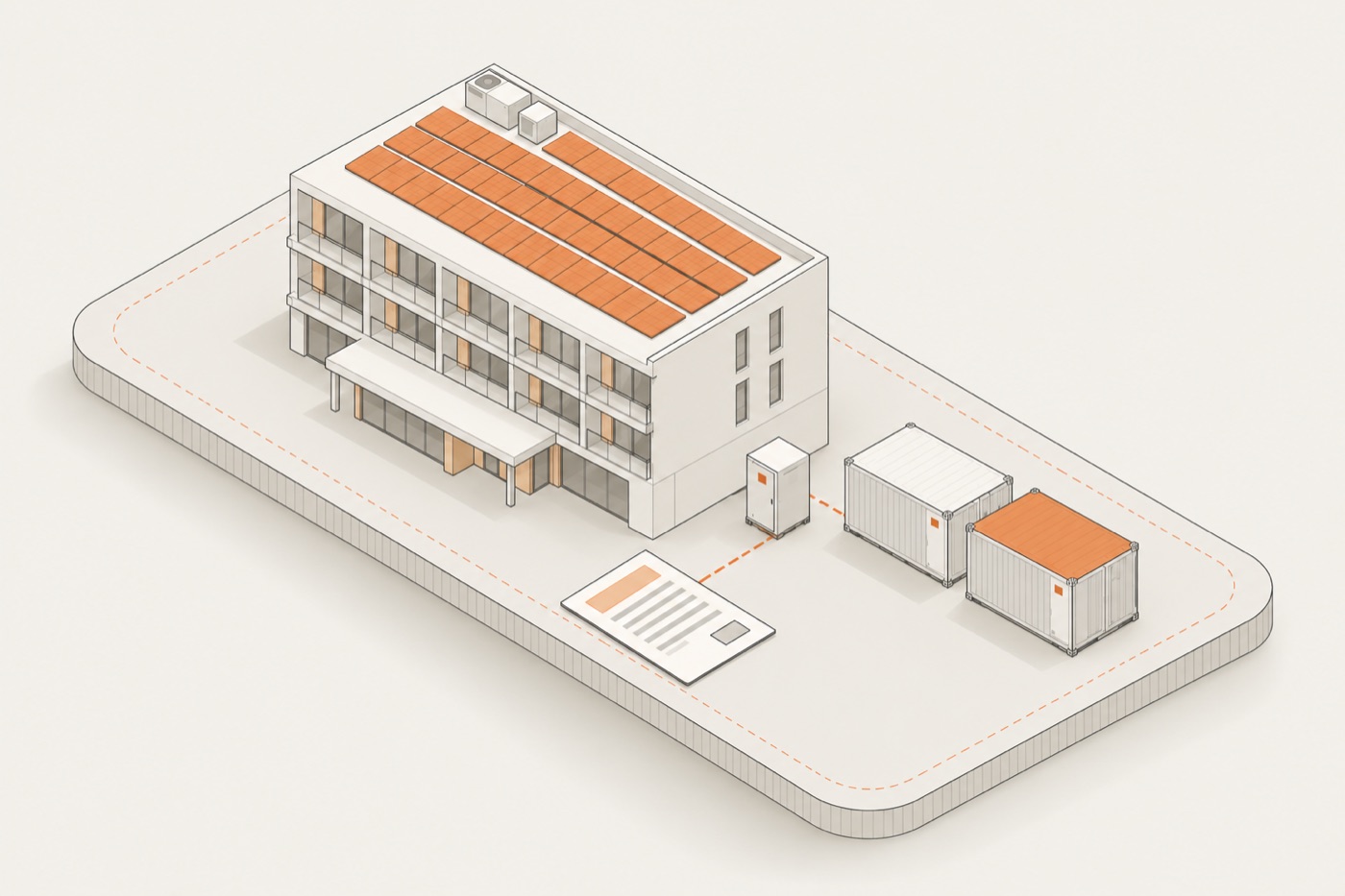 Isometric illustration of a commercial solar and battery project in Cyprus: a hotel with rooftop solar panels, an inverter and two battery containers, sized from one electricity bill