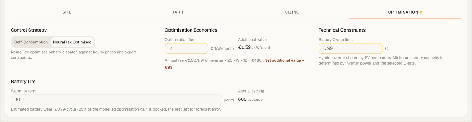 Optimisation tab: control strategy, optimisation fee and additional value, C-rate limit, battery warranty and cycling