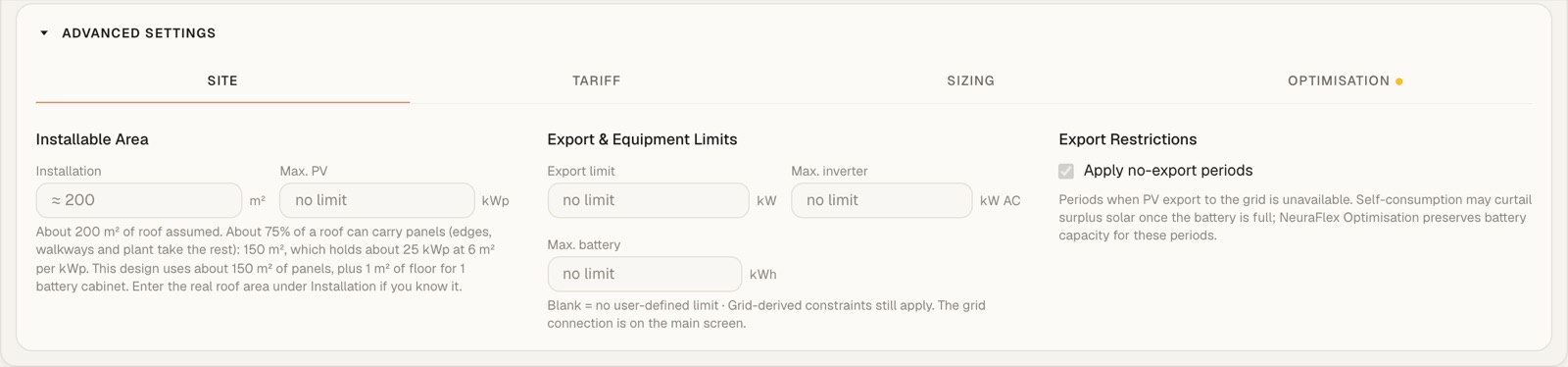 Site tab: installable area, export and equipment limits, export restrictions