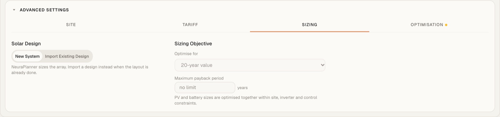 Sizing tab: solar design and sizing objective