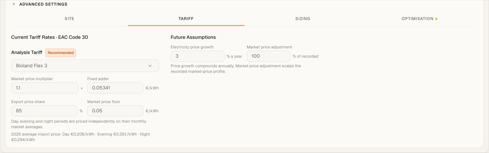 Tariff tab: analysis tariff Bioland Flex 3 with editable rates and future price assumptions