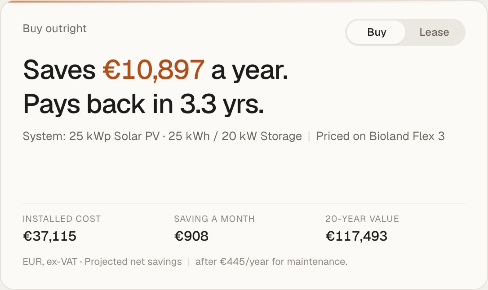 Buy outright: saves 10,897 euros a year and pays back in 3.3 years