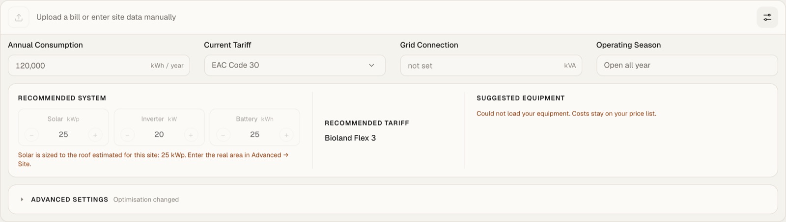 Site data fields, recommended system with solar, inverter and battery sizes, recommended tariff and suggested equipment