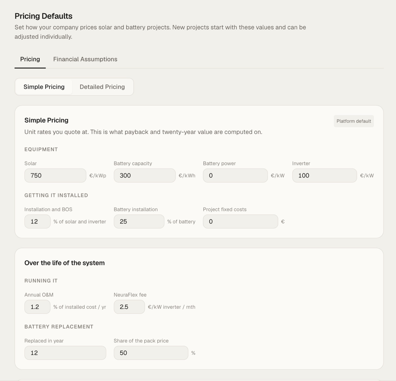 Pricing Defaults: simple pricing for equipment and installation, running costs and battery replacement