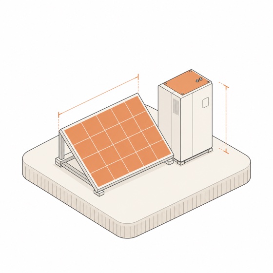 Solar panel and battery with dimension lines, showing system sizing in kWp and kWh